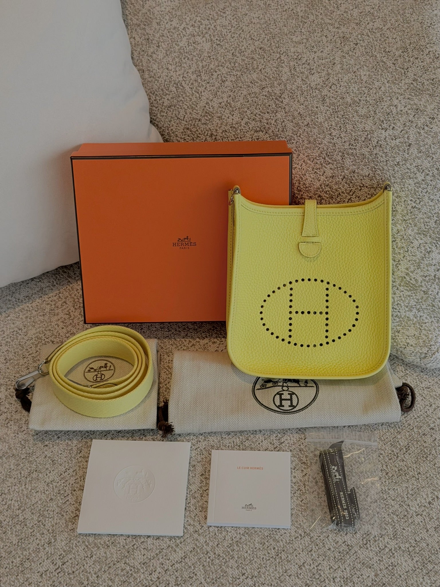 Unused Hermès evelyn 16 TPM Taurillon Clemence limoncello Silver Metal B:2023